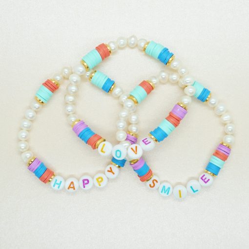 Perlen-Armband LOVE, HAPPY, SMILE mit Süßwasser- und Katsuki-Perlen in bunt